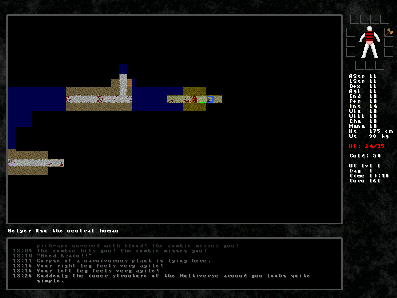 IVAN in play: a brown cave corridor lit unevenly, the player beside a zombie,
              a stat panel reading HP 24 of 35 in red, and a message log recording the fight.